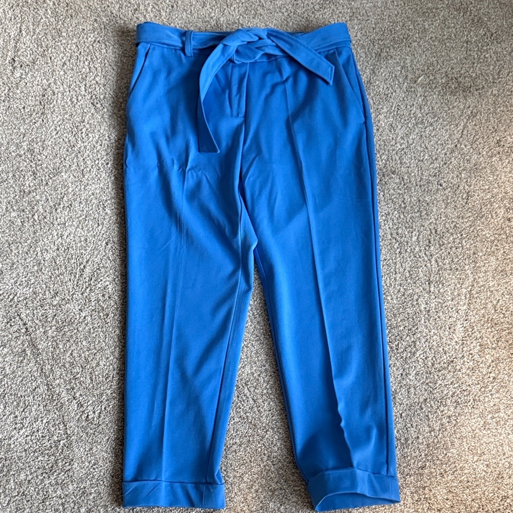 LOFT Bright Blue Cropped Tie-Waist Devin Slim Ankle Pants - Picture 2 of 4